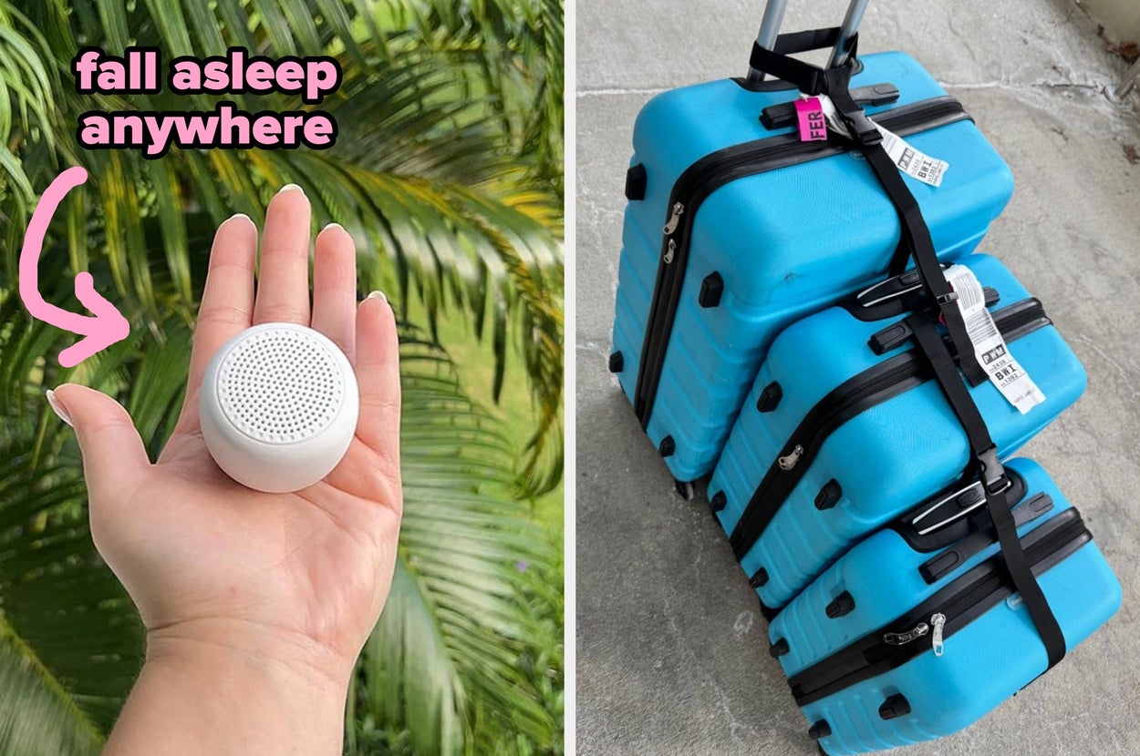 left: reviewer holding a mini white noise machine in front of foliage with an arrow and text "fall asleep anywhere"; right: three suitcases held together by a strap