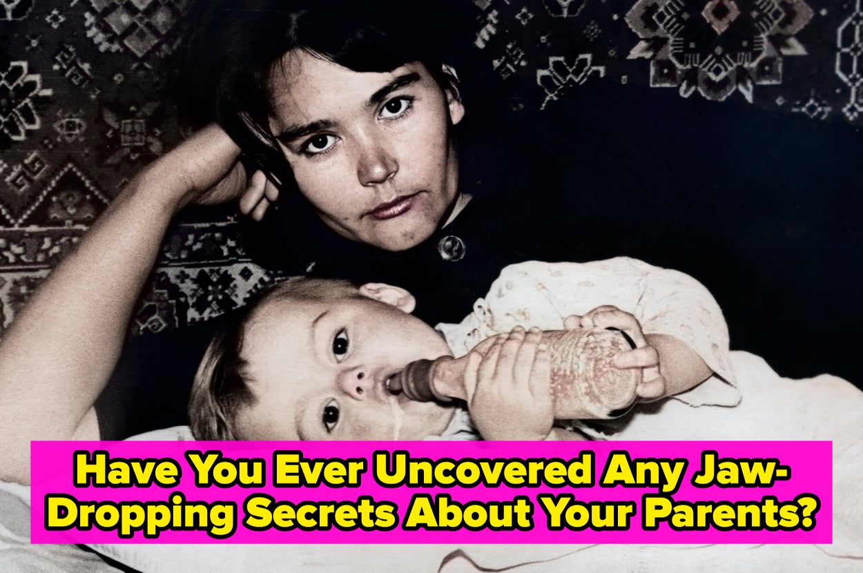 Woman holding baby with patterned background. Bold text asks, "Have You Ever Uncovered Any Jaw-Dropping Secrets About Your Parents?"