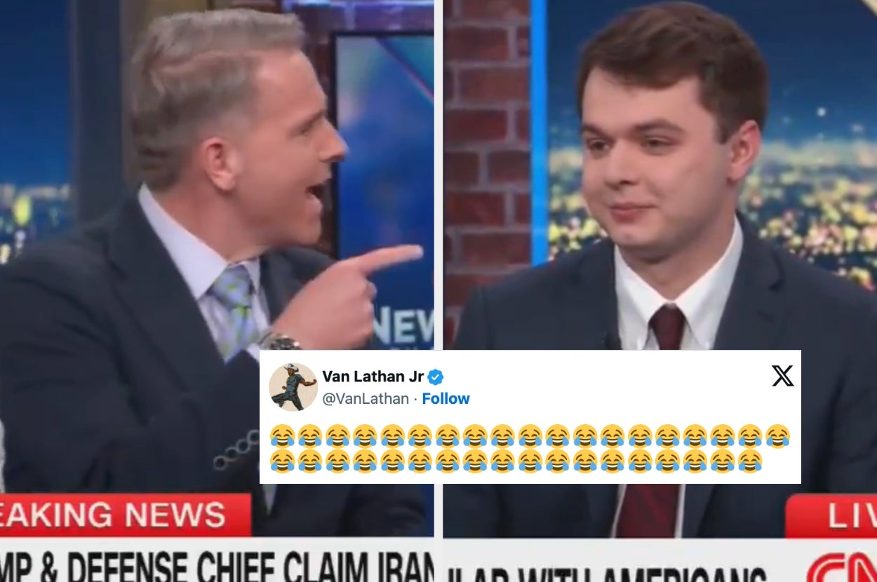 Split-screen TV debate; man on left gestures animatedly, man on right appears calm. Tweet overlay shows many laughing emojis