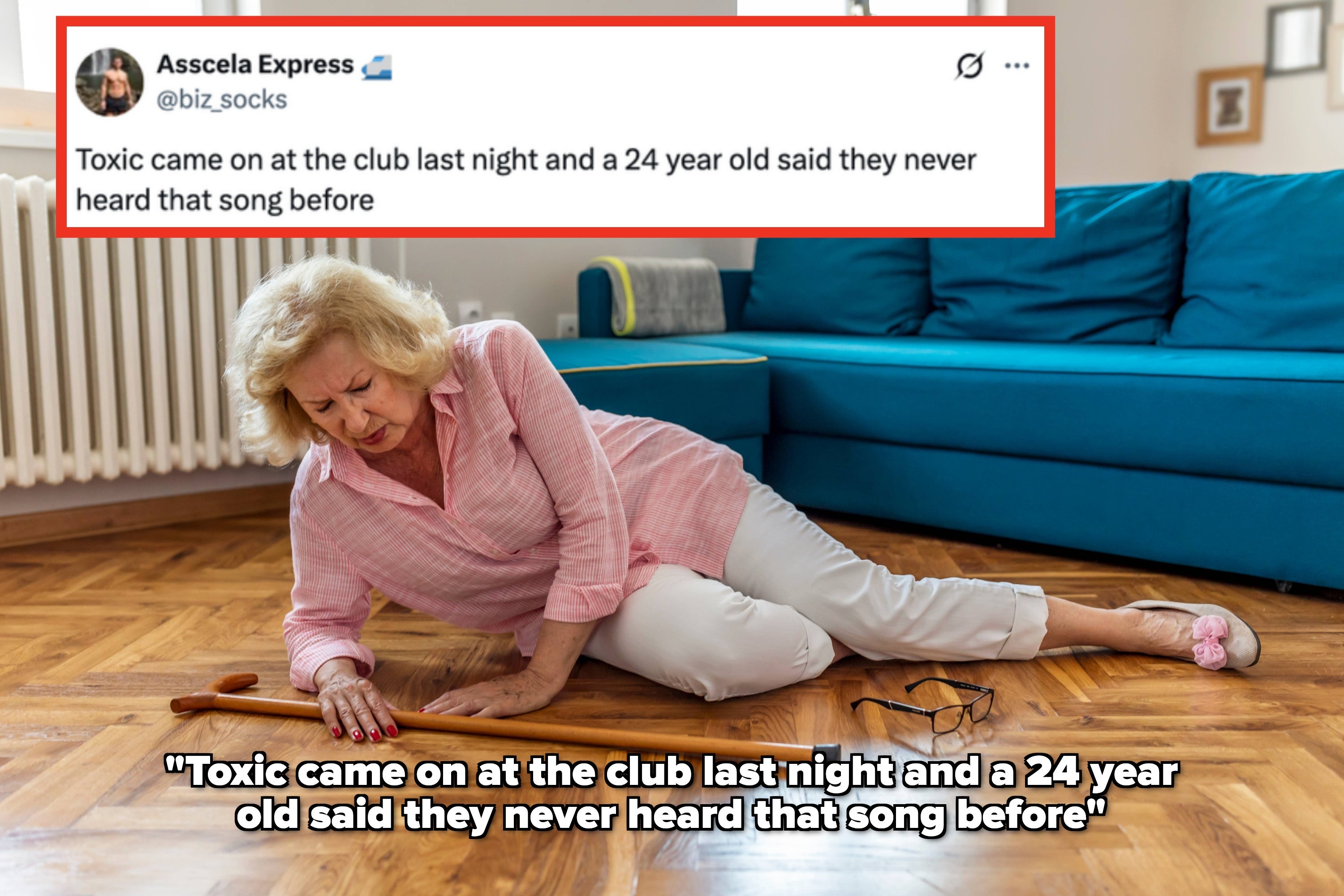 Elderly woman on the floor with a humorous social media post about a 24 year old not recognizing the song "Toxic"