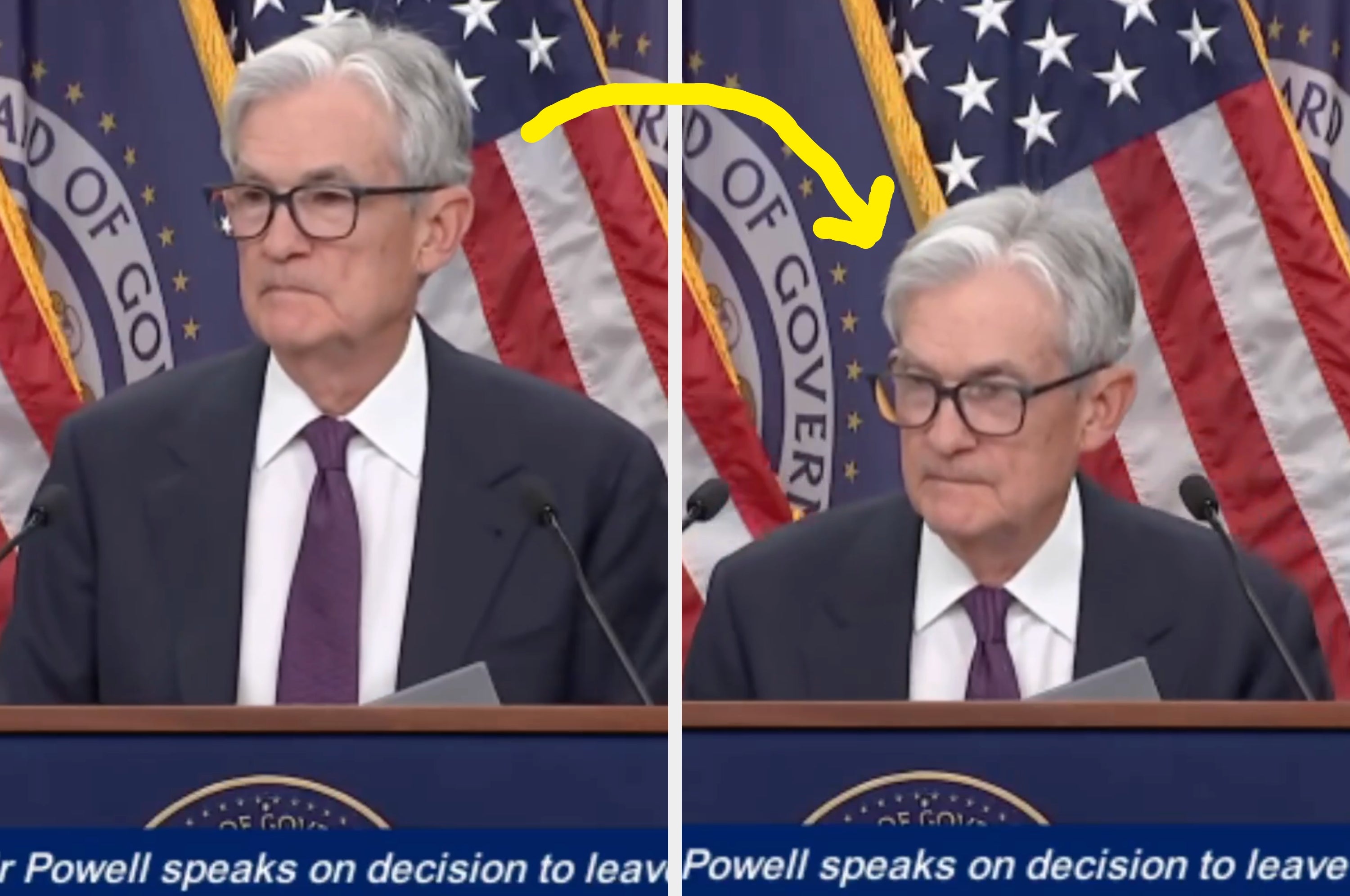 A man at a podium, identified as "Powell," speaks about a decision as he humorously ducks down from the camera view