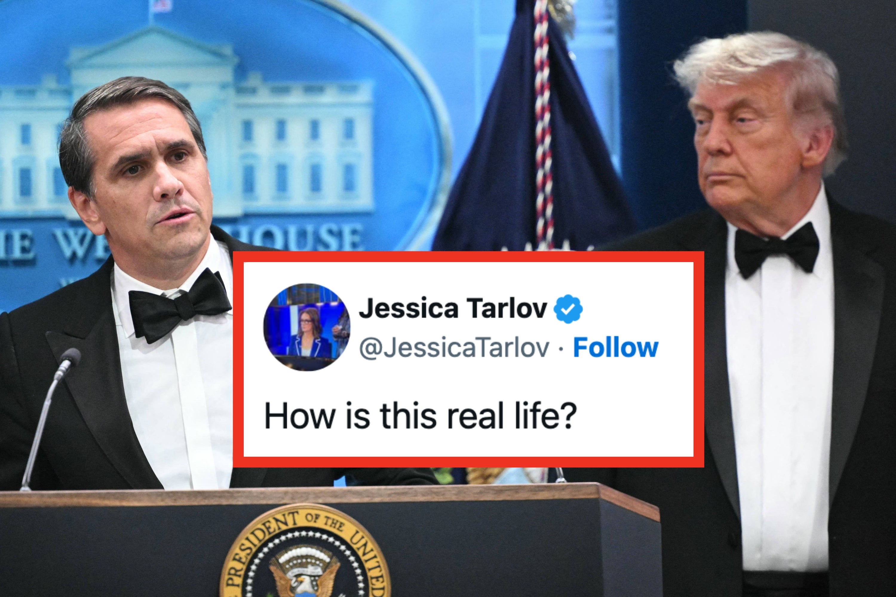 Two men in suits stand at a podium. A social media post reads, "The acting attorney general of the United States thinks you need an ID to walk into a restaurant."