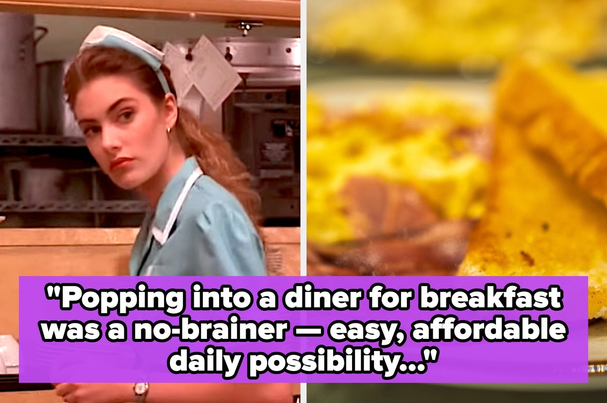 A waitress in a diner uniform looks back while serving food; text discusses affordable breakfast options at diners