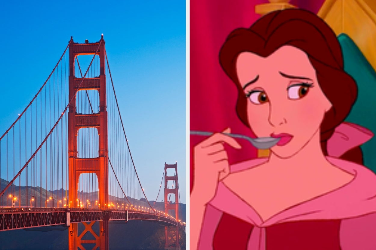 The left side shows the Golden Gate Bridge; the right side features an animated character eating with a spoon