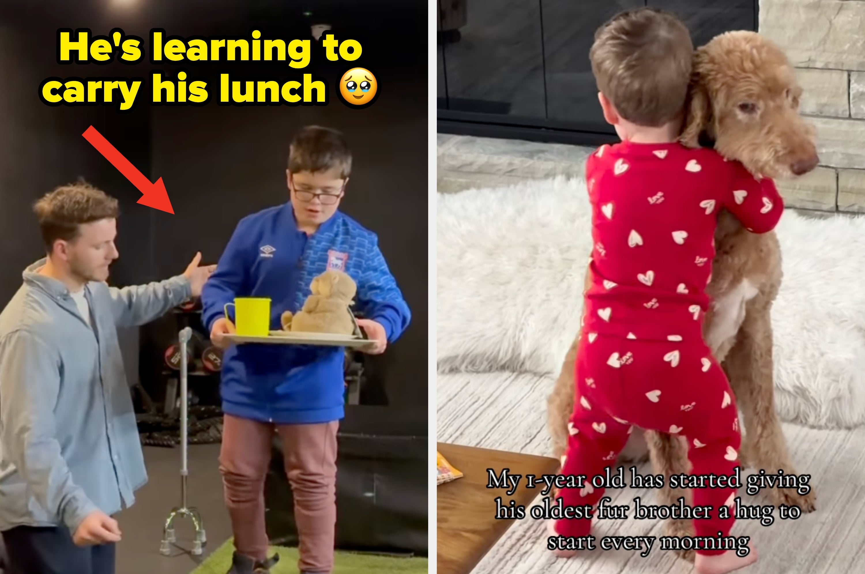 Left: Person assisting another in carrying lunch on a tray. Right: Child in pajamas hugging a dog. Text discusses school and morning hugs