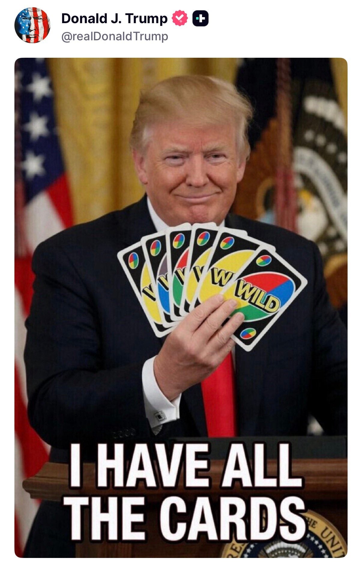 A idiosyncratic   holds UNO cards with substance   "I HAVE ALL THE CARDS" disposable   below