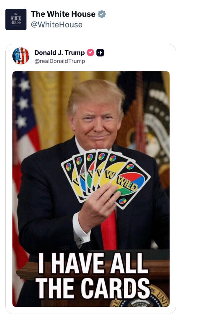 Donald Trump holding Uno cards with "I person  each  the cards" text