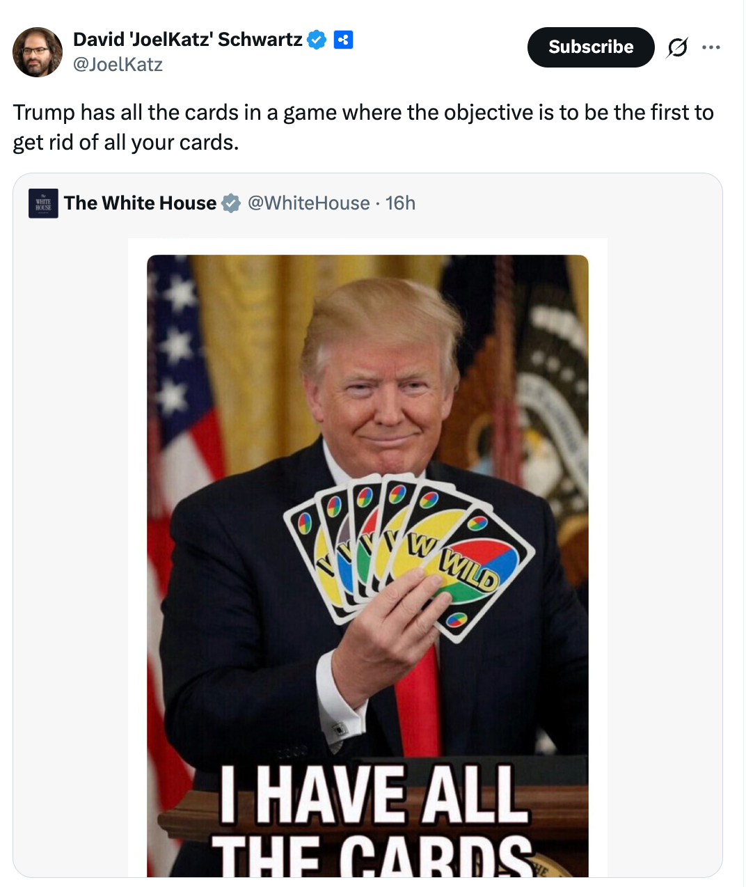 A idiosyncratic   holds UNO cards with the caption, "I person  each  the cards." Tweet suggests the idiosyncratic   has powerfulness  oregon  control