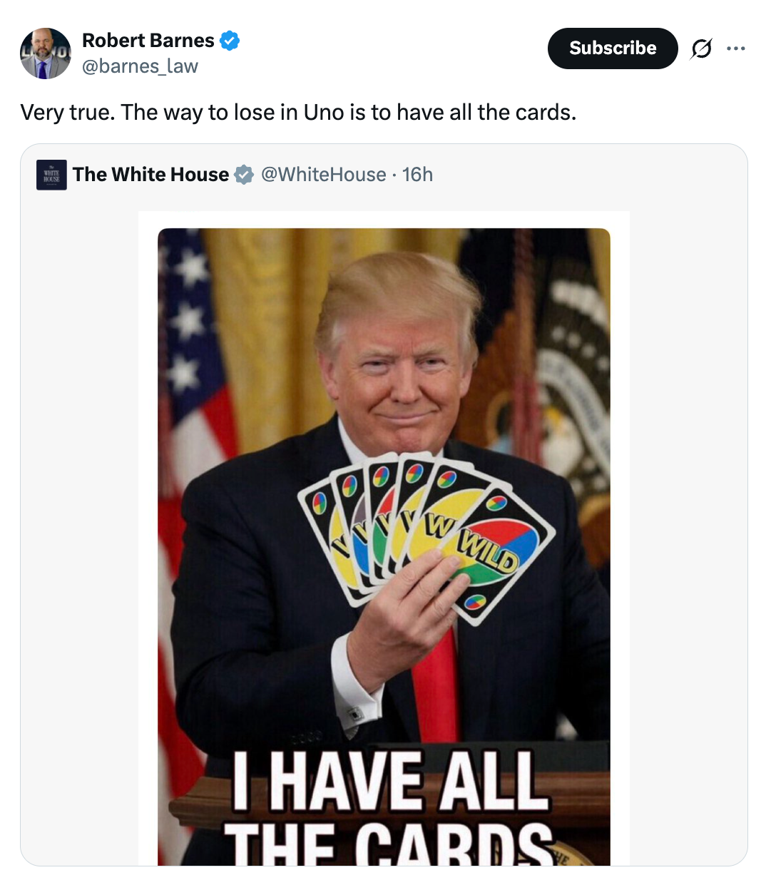 Image of a societal  media station  with a idiosyncratic   holding Uno cards and substance   saying, "I HAVE ALL THE CARDS," implying having power  oregon  advantage