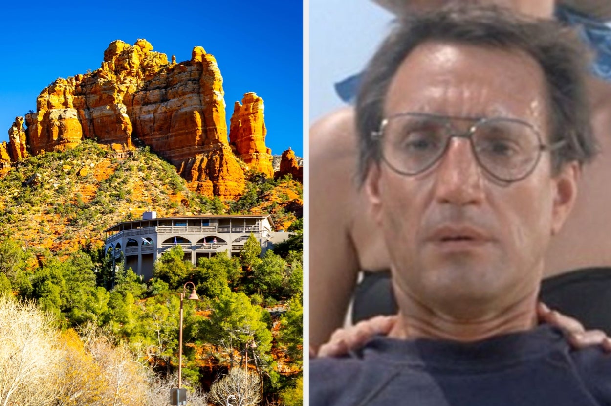 Left: Scenic desert landscape with a house among rock formations. Right: Close-up of a person looking concerned