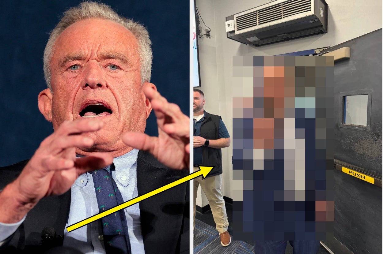 Public figure delivering a speech with expressive gestures; split image shows door scene with security