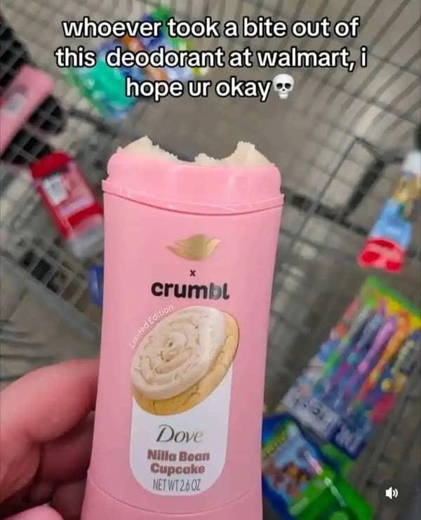 Deodorant with bite missing in a shopping cart at Walmart. Text reads: "Whoever took a bite out of this deodorant at Walmart, I hope ur okay."