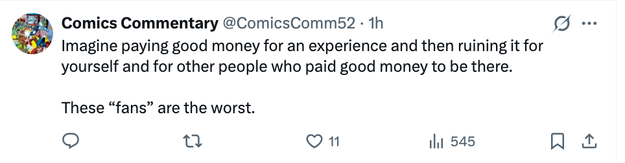 Tweet criticizing disruptive fans astatine  events, highlighting the antagonistic  interaction   connected  everyone's experience