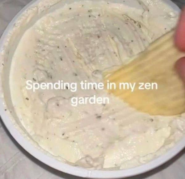 Potato chip raking through seasoned dip, caption reads: "Spending time in my zen garden."