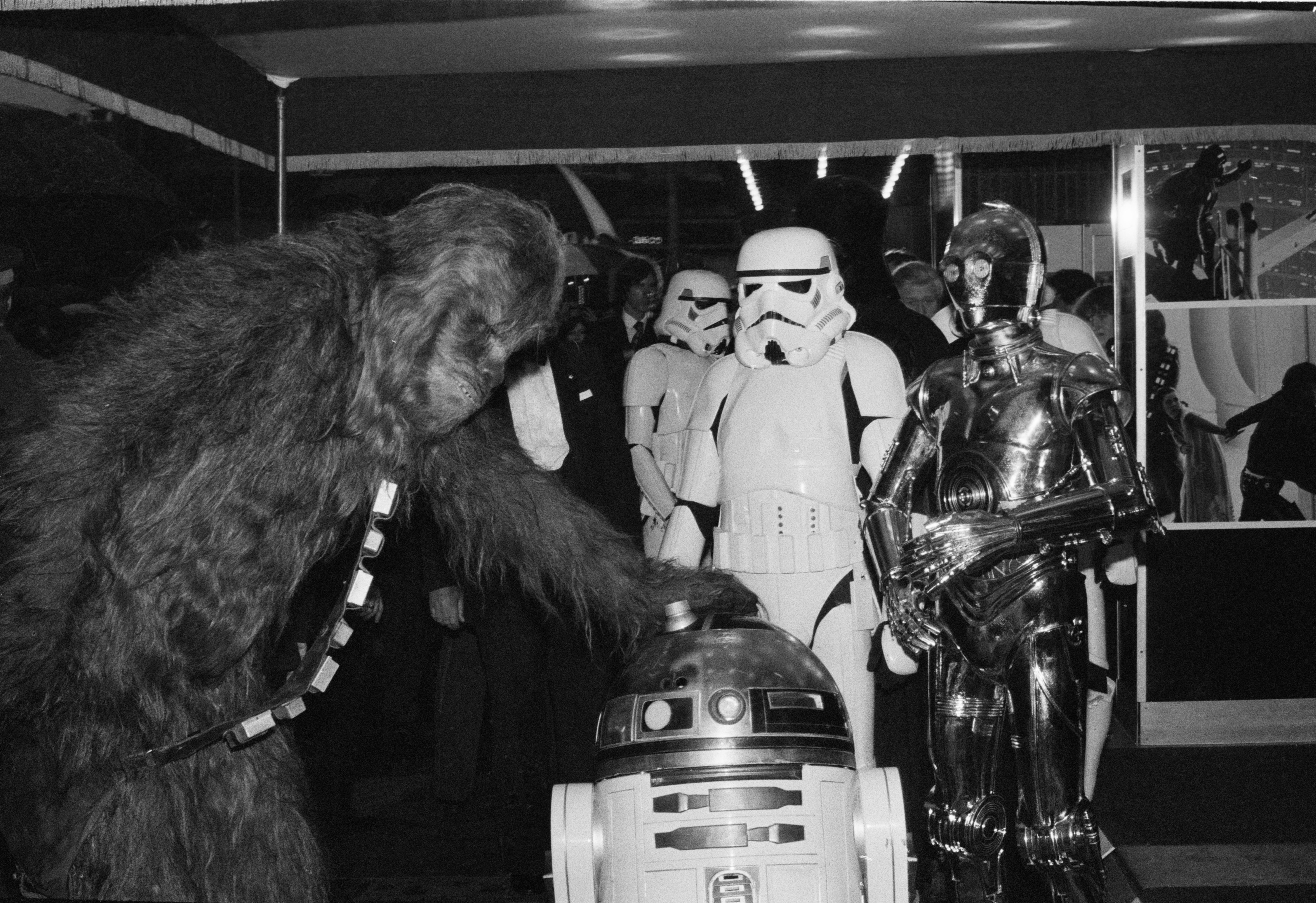 Characters successful  costumes from a sci-fi movie  series, including a furry creature, a shiny robot, a dome-headed droid, and armored figures, astatine  an event