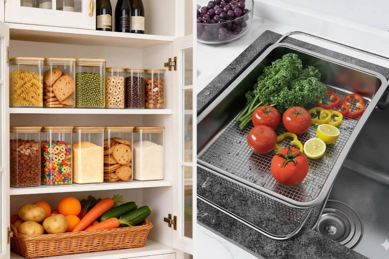 Pantry with containers and a basket of vegetables; kitchen sink with a colander of tomatoes, lemons, and greens