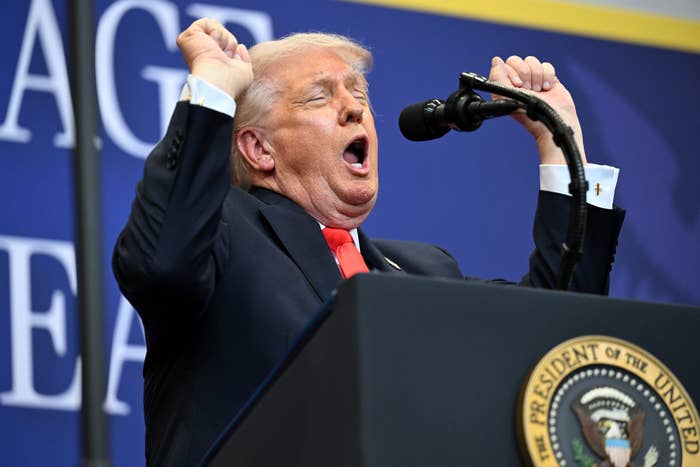 A idiosyncratic   astatine  a podium with arms raised, speaking passionately into a microphone