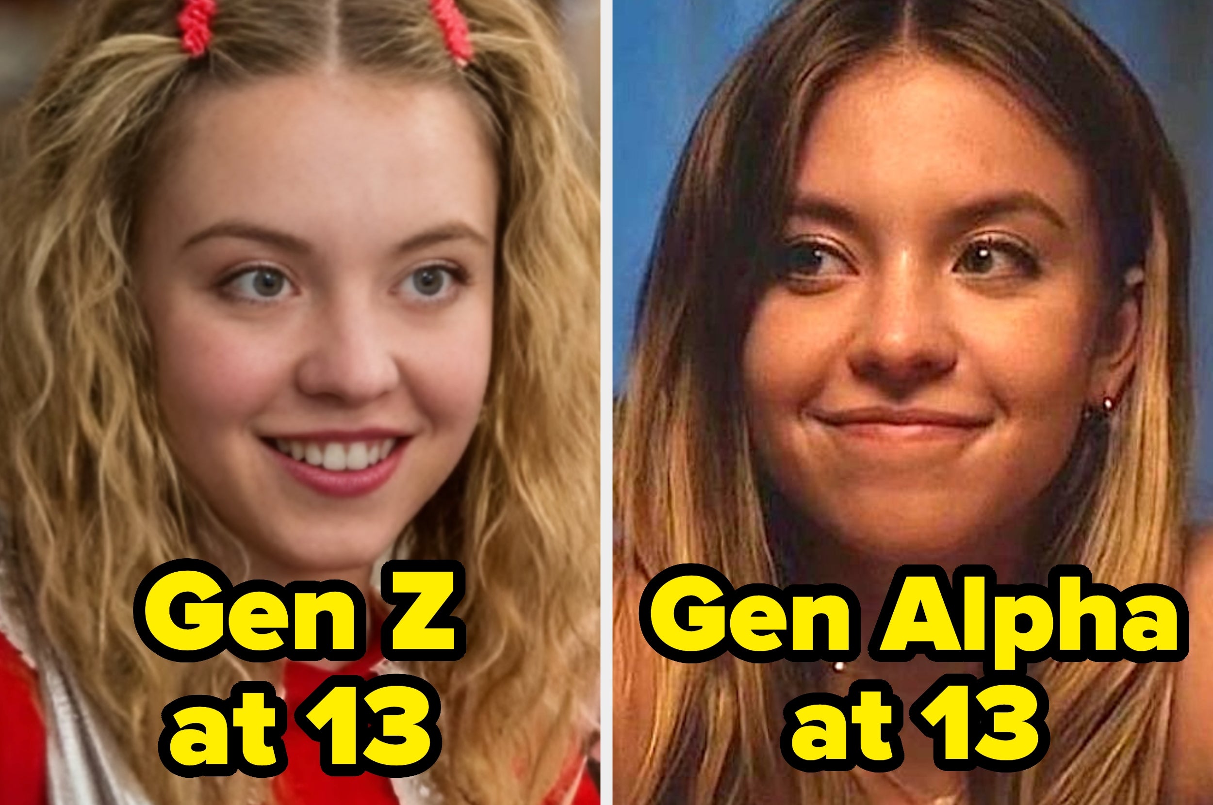 Two side-by-side images of the same person at age 13, labeled "Gen Z" and "Gen Alpha."
