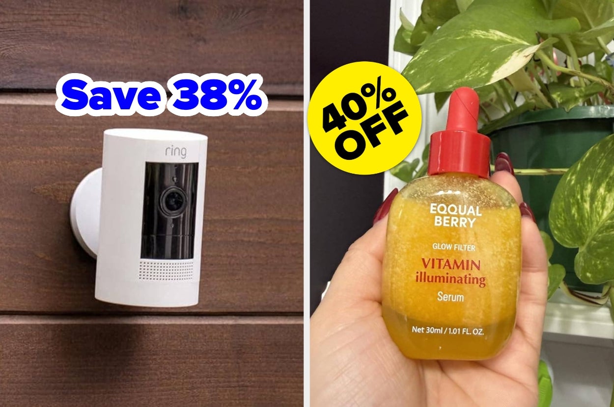 On left, a Ring camera with "Save 38%." On right, hand holding Vitamin Serum with "40% off" label