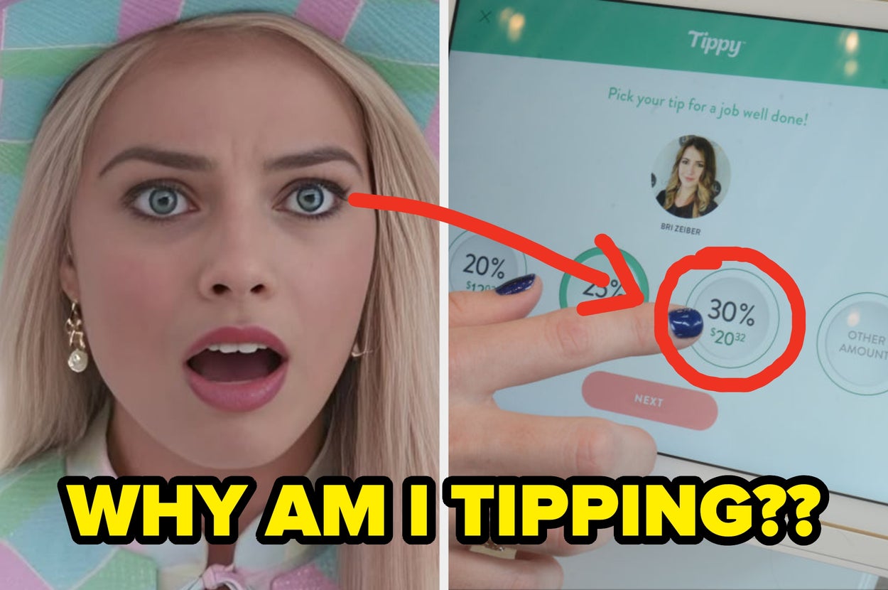 Woman looking surprised beside screen showing tipping options, highlighting a 30% tip with text "WHY AM I TIPPING??"