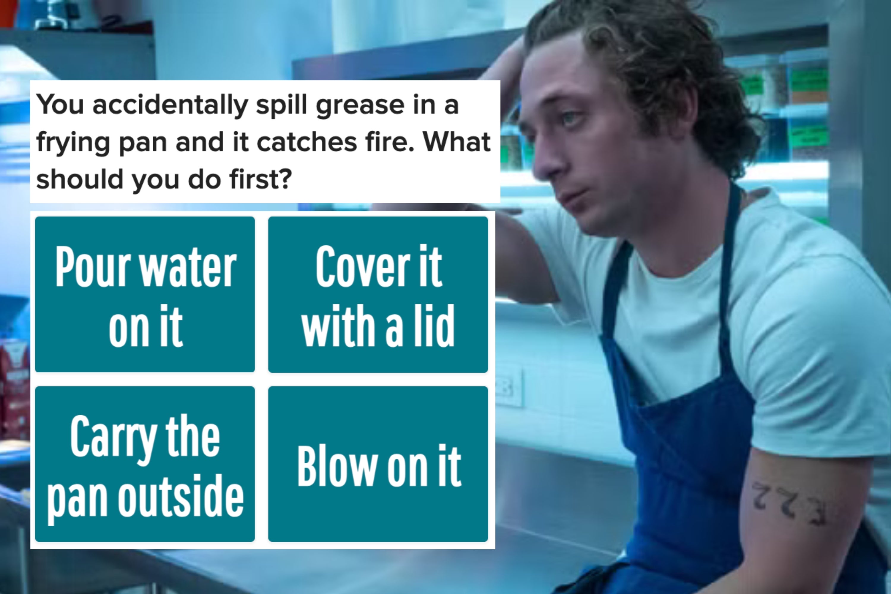 Person in kitchen, dressed casually, looks thoughtful. On-screen text asks about the process that protects food from microbes and spoilage