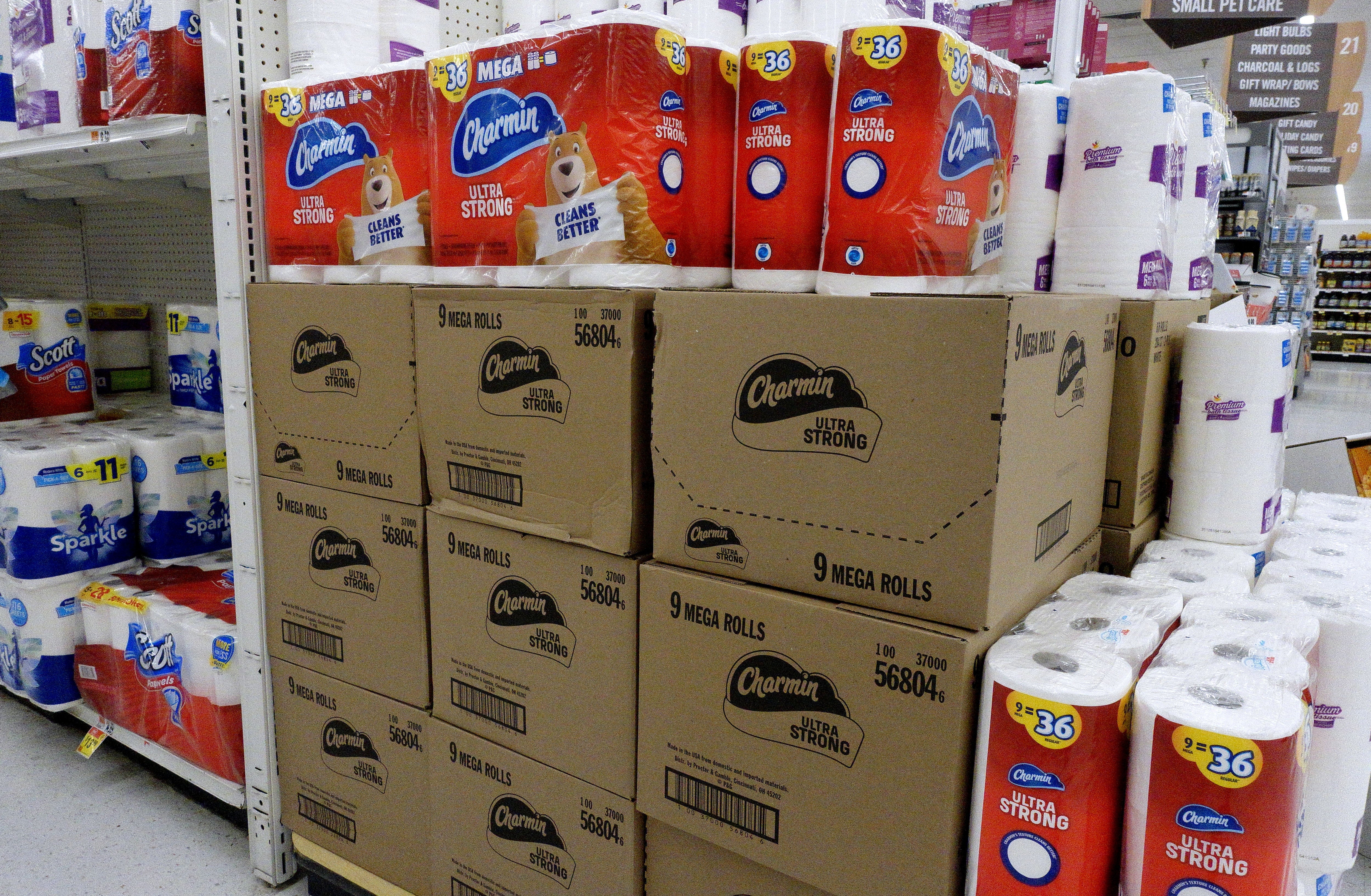 Supermarket aisle with stacks of Charmin toilet insubstantial packages and boxes, showcasing antithetic options for travelers preparing for trips