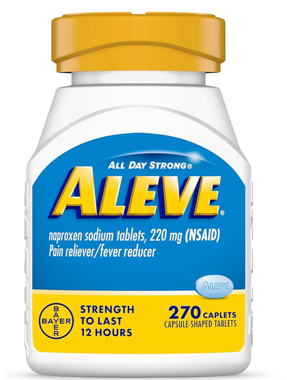 Aleve vessel with 270 caplets, highlighting 220 mg naproxen sodium for symptom alleviation and fever reduction, lasting up to 12 hours