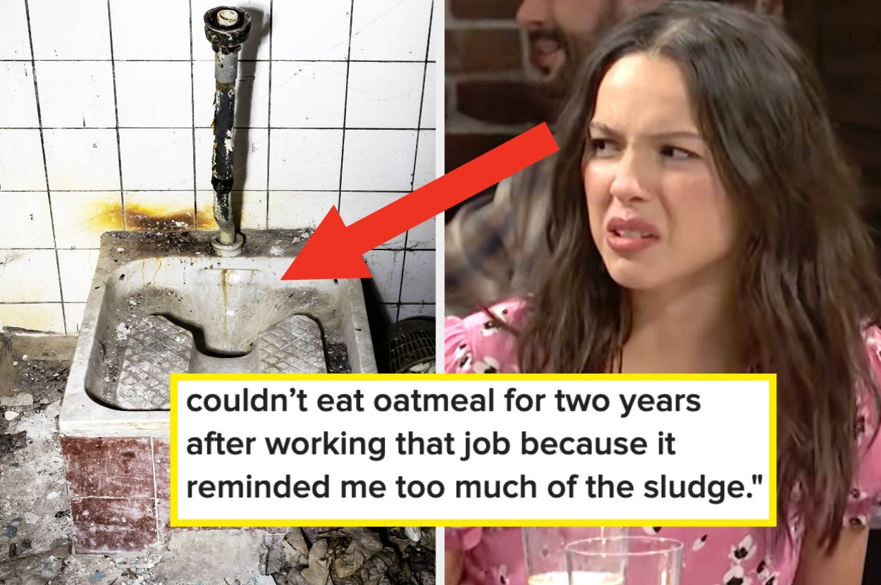 A shocked person reacts; inset shows a dirty, rundown sink with text: "couldn’t eat oatmeal for two years... reminded me of the sludge."
