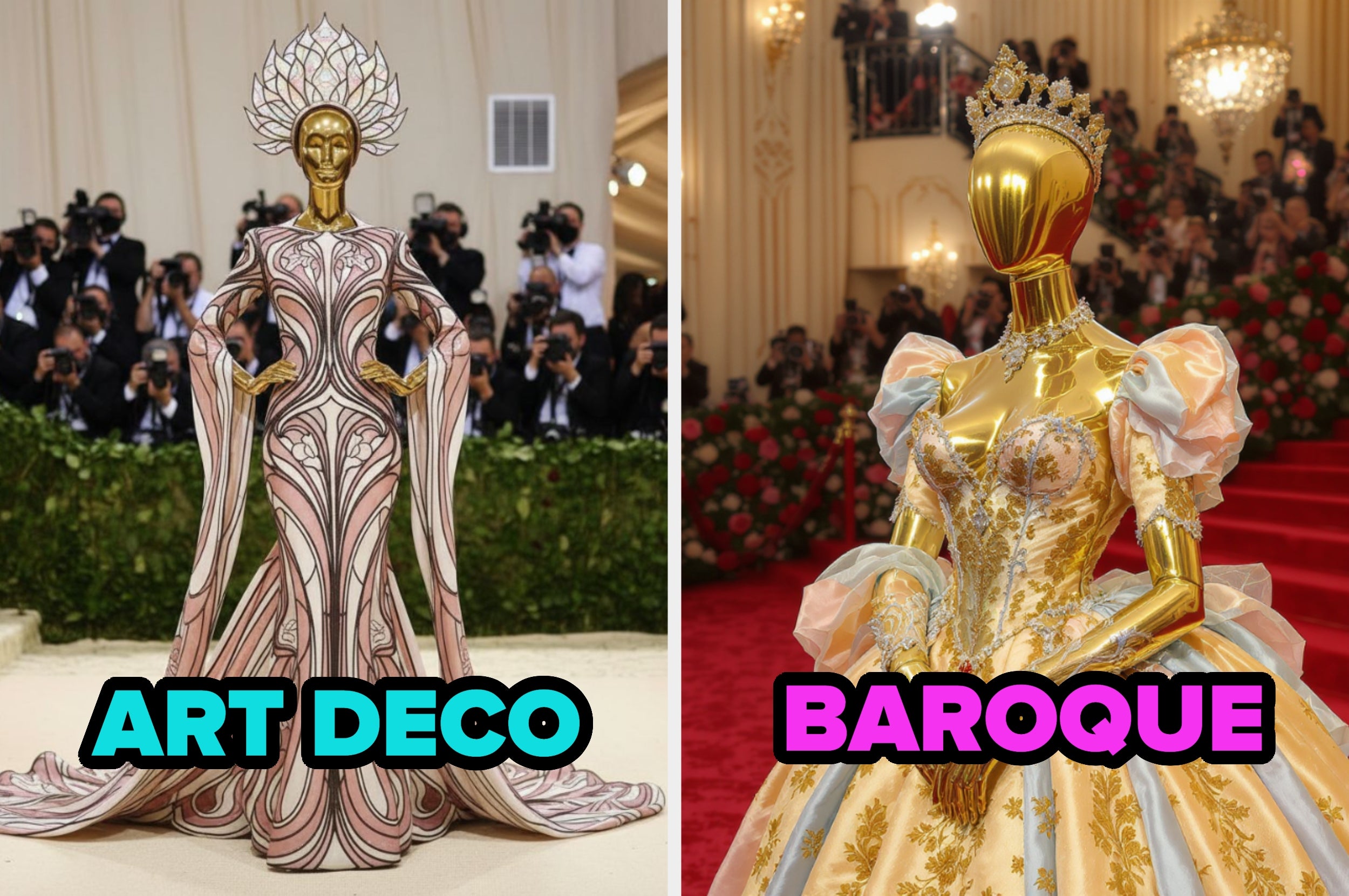 Two mannequin figures on a red carpet, styled in Art Deco and Baroque-themed outfits, with photographers in the background