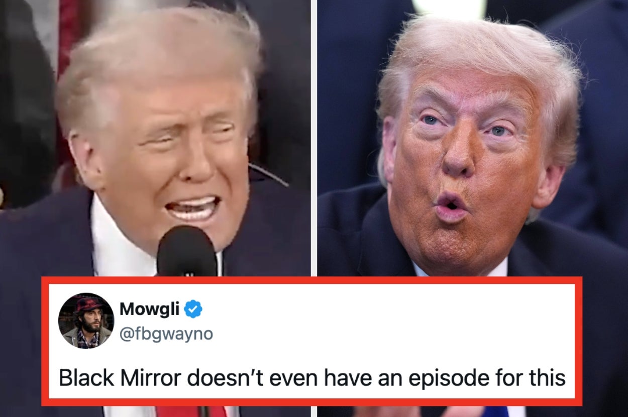 Two images of a man speaking animatedly with a humorous tweet overlay: "Black Mirror doesn’t even have an episode for this."