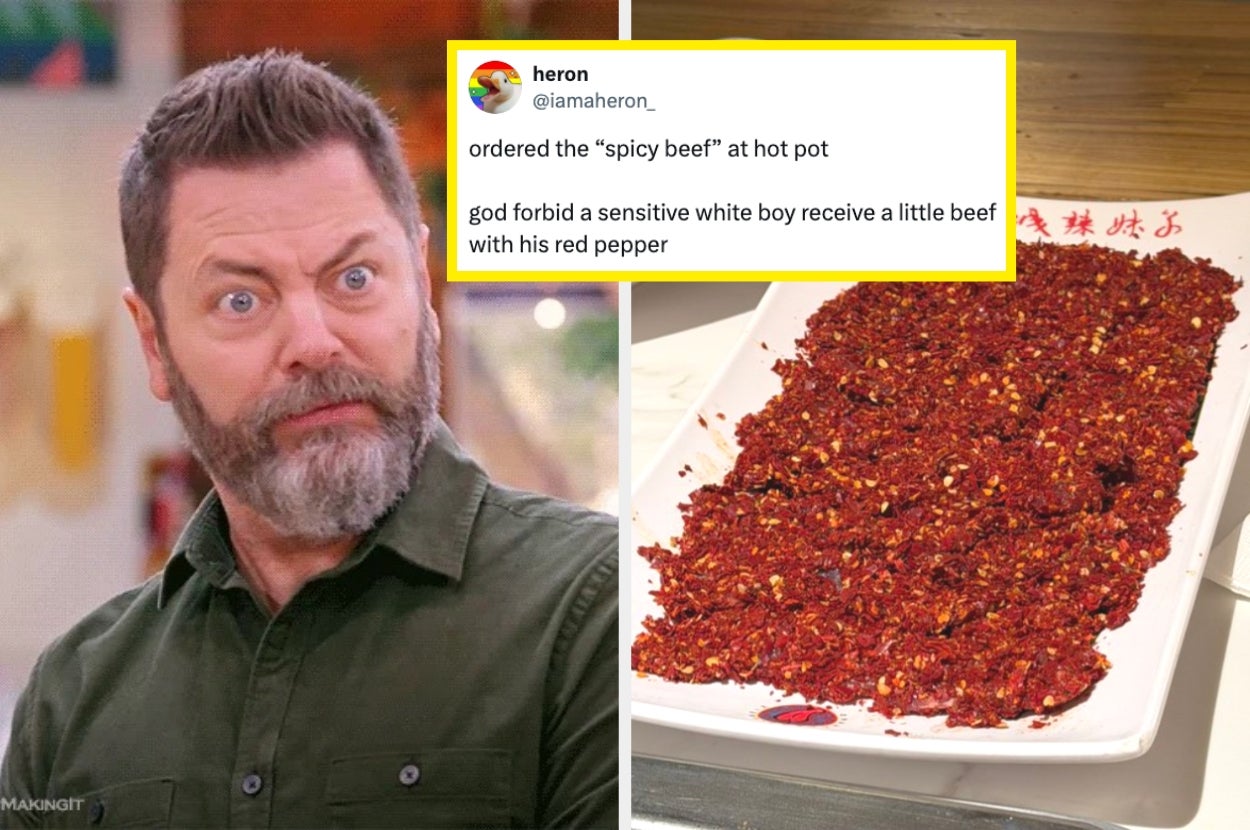 A surprised man on the left; a meme tweet about "spicy beef" being very spicy shown over a plate of heavily spiced beef on the right