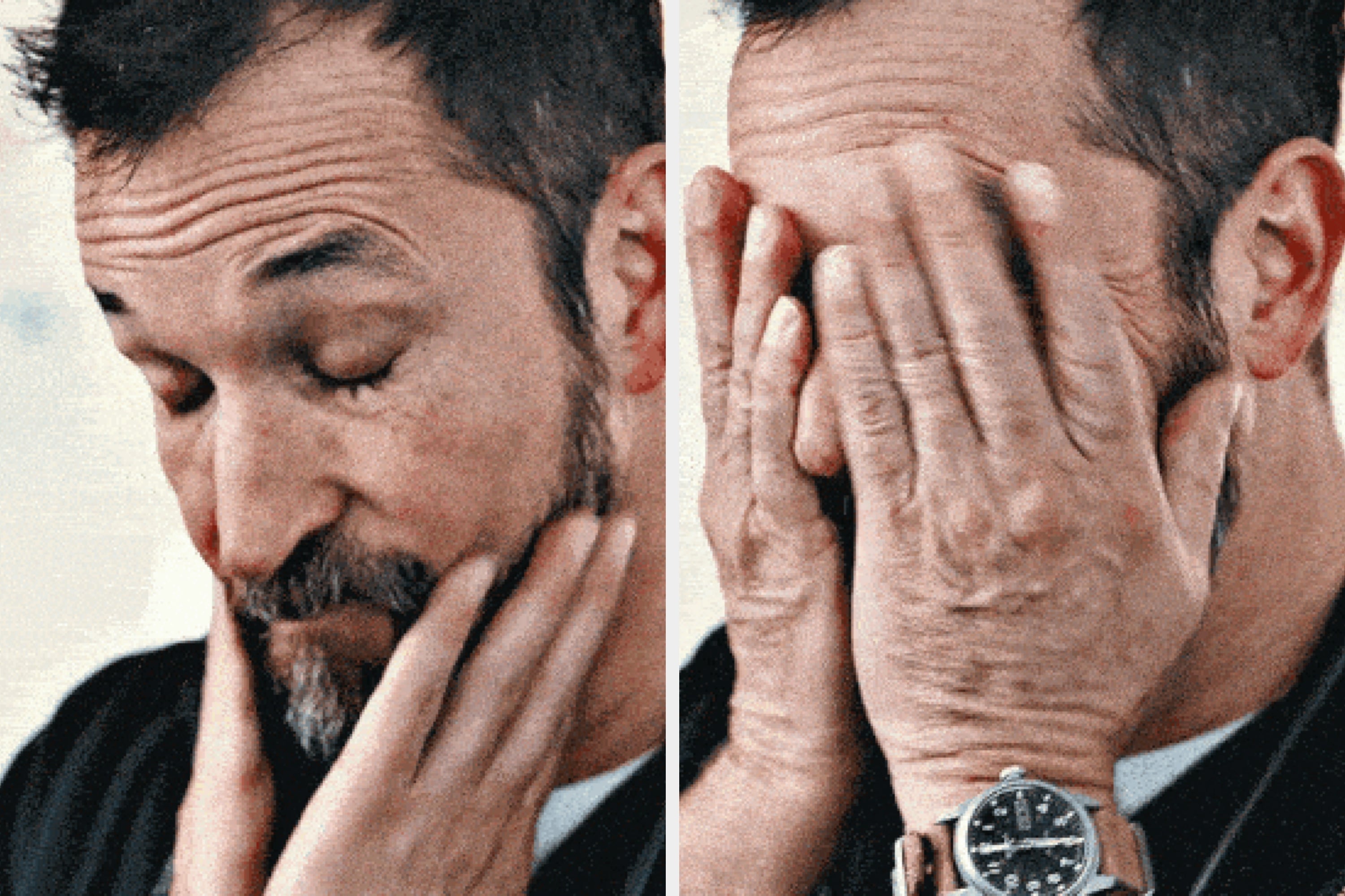 Person covering face with hands, looking stressed or overwhelmed. Wearing a watch