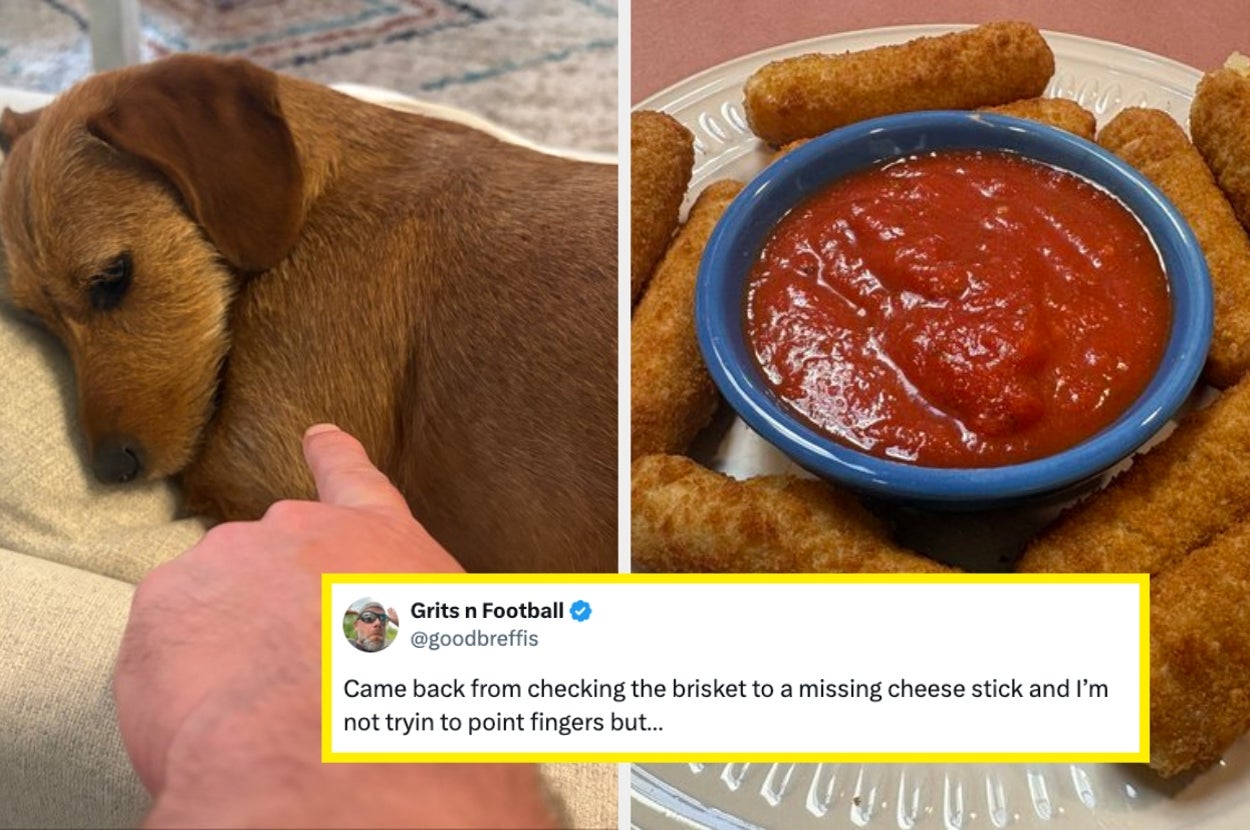 Dog rests on a couch while a plate with a missing mozzarella stick is shown. A tweet humorously implies the dog may be the culprit