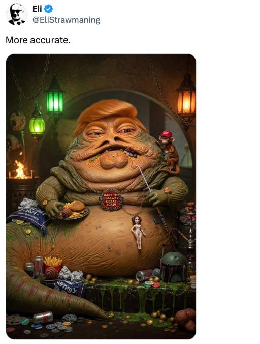 Caricature of a public figure as Jabba the Hutt, surrounded by humorous props and characters in a fantasy setting
