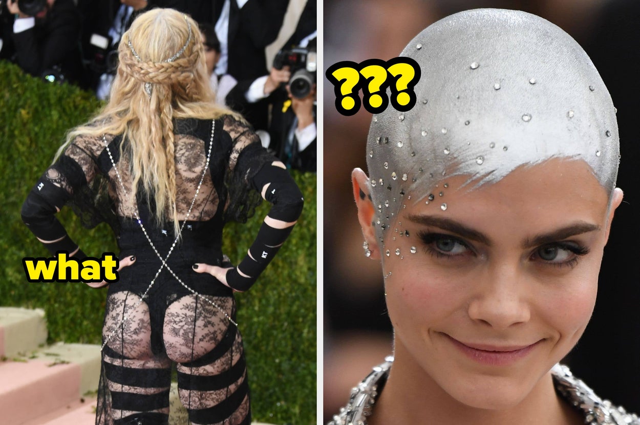 Two individuals at a fashion event: Left in lace outfit with braids; right with silver-painted, jeweled head
