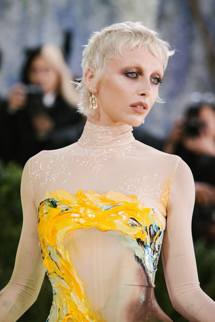 Emma Chamberlain successful  an artistic, sheer high-neck gown with yellowish  and abstract designs, wearing connection    earrings connected  a ceremonial  lawsuit   carpet