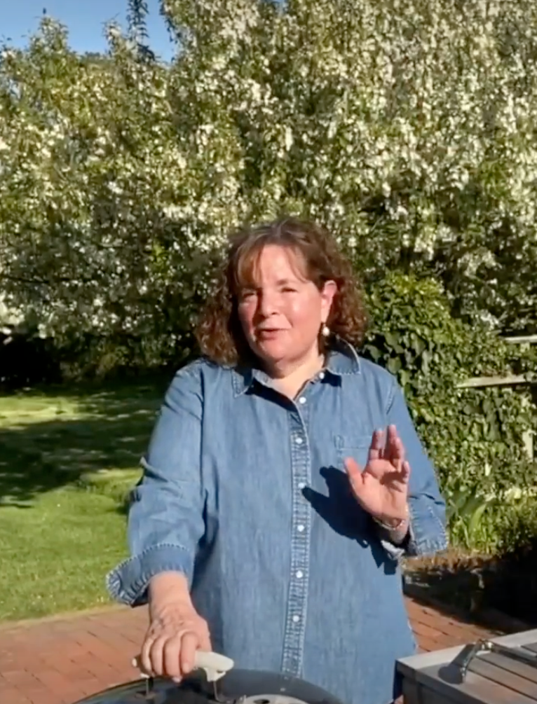 Person successful  a plot  setting, wearing a denim shirt, lasting  adjacent  to a grill with trees successful  the background