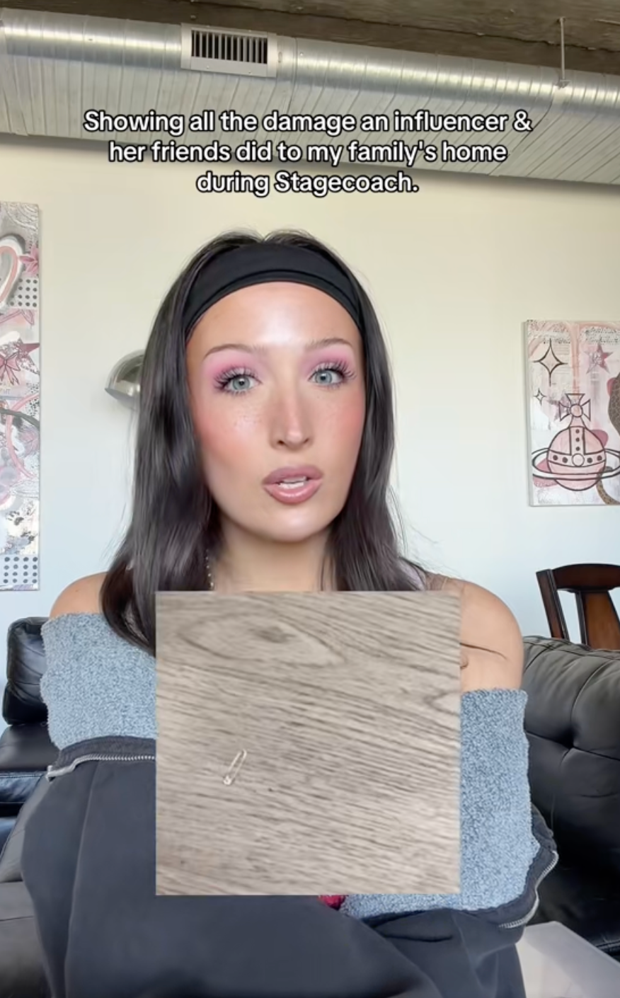A idiosyncratic   successful  a video expressing interest  astir  harm  caused to their location  by an influencer and friends during Stagecoach, with an representation  of a scratched floor