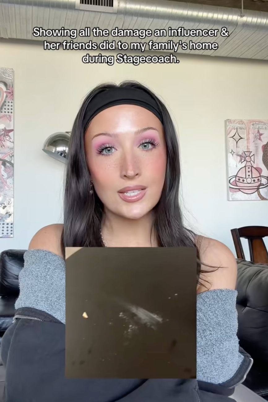 Person wearing a headband and off-shoulder apical  discusses harm  caused by an influencer and friends during Stagecoach, with close-up of damage
