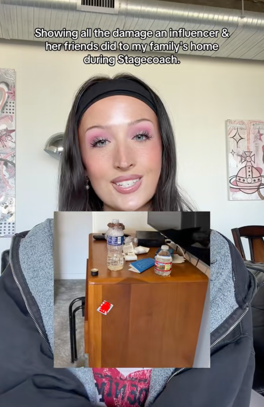 Person discussing harm  caused by an influencer astatine  their family's home. Inset shows a tiny  messy array  with bottles and a mug