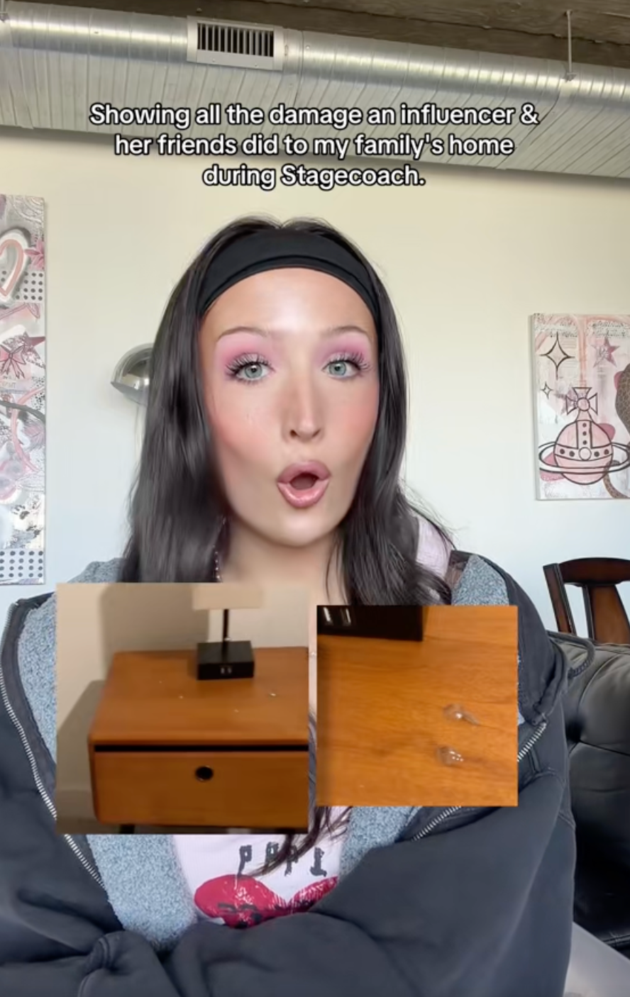 Woman discussing harm  by an influencer astatine  her family's home, with inset images showing scratched furniture