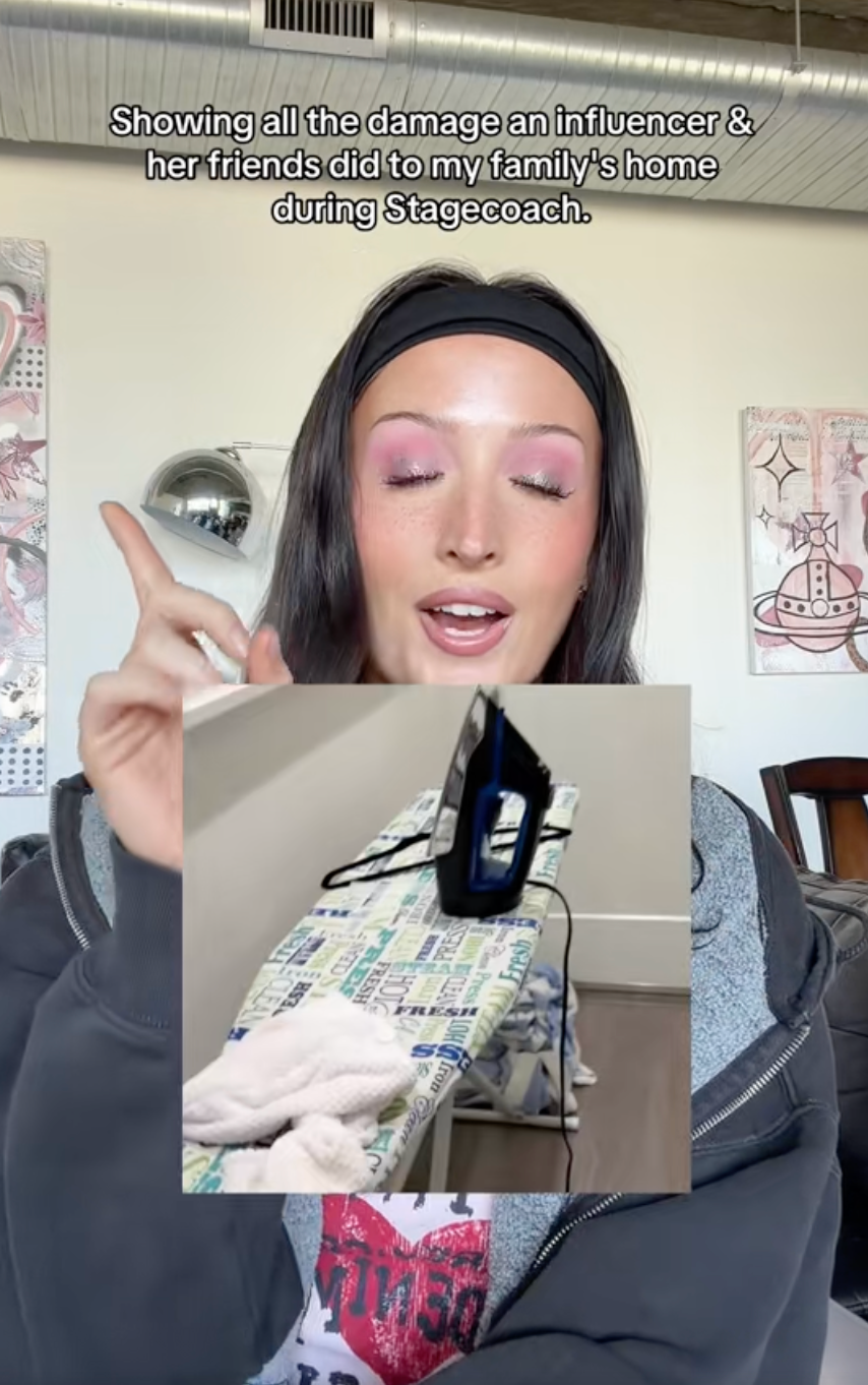 Person points astatine  substance   detailing harm  to location  by influencer astatine  Stagecoach. Image inset shows robust  connected  ironing board