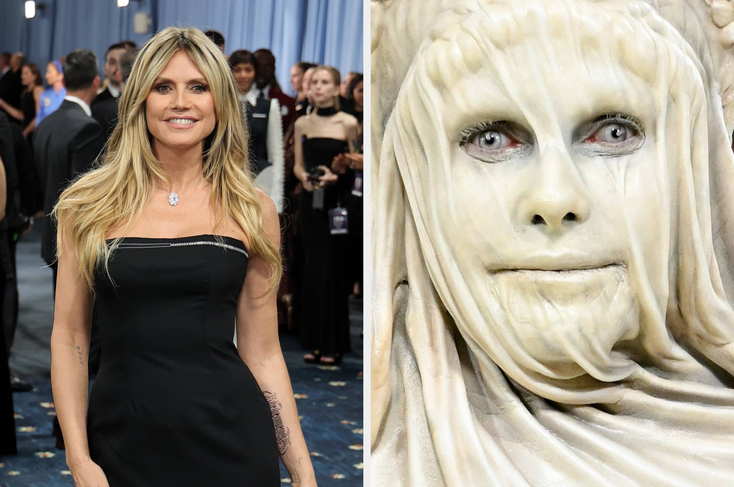 Two side-by-side images: on the left, woman in a sleek strapless dress; on the right, person in detailed, eerie costume with covered face