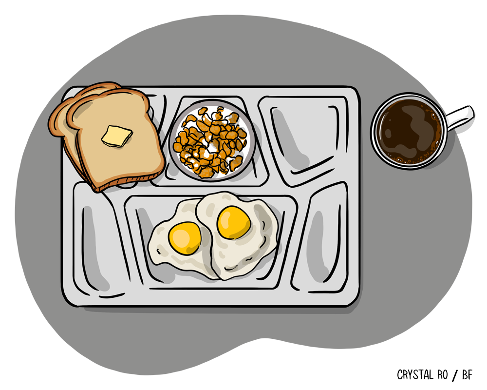 Frokostbrett med toast og smør, to stekte egg, en bolle frokostblanding og en kopp kaffe