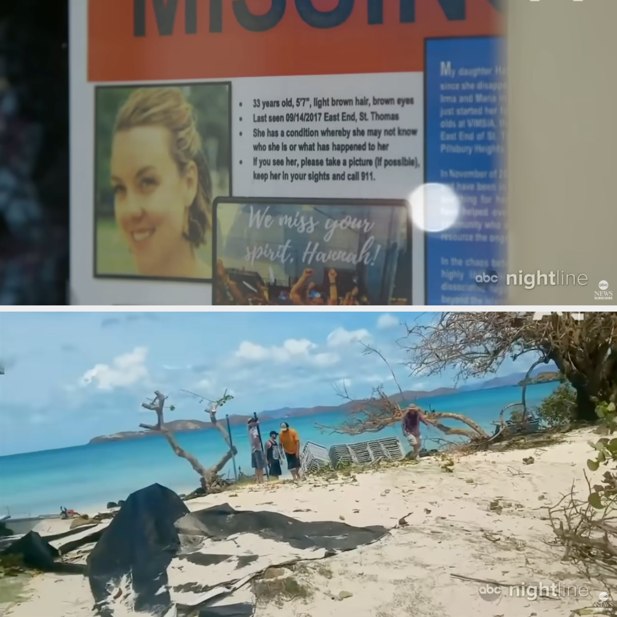 Toppbilde: Savnet person flyer for Hannah. Nederste bilde: Folk som går på en søppeldekket strand