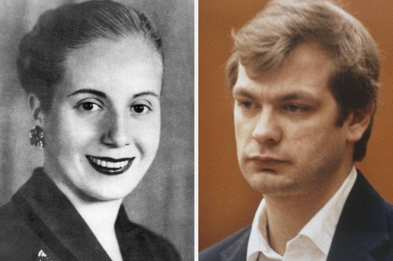 Two historical black-and-white portraits; a smiling woman on the left and a serious man on the right