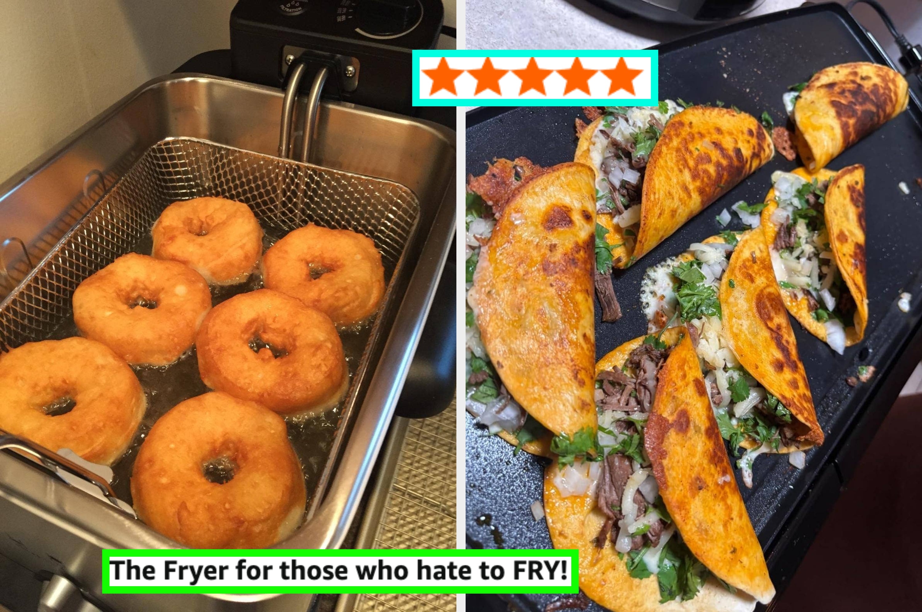 Left: Donuts frying in a fryer. Right: Tacos cooking on a griddle. Five-star rating highlighted. Text: "The Fryer for those who hate to FRY!"