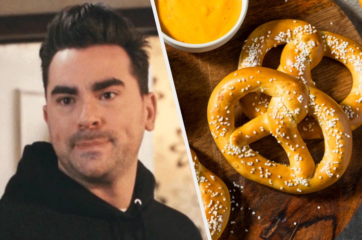 A person reacts with a skeptical expression in a split image with soft pretzels on the right