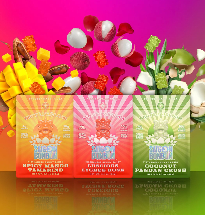 Satch BonBon candy packaging with Spicy Mango Tamarind, Luscious Lychee Rose, and Coconut Pandan Crush flavors surrounded by fruits