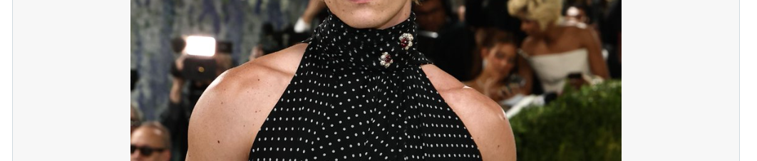 Seseorang di Met Gala dengan atasan polkadot tanpa lengan berpose percaya diri dalam suasana seperti taman